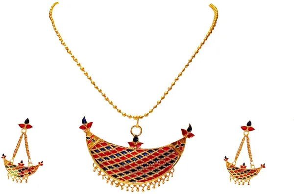 Assamese_Traditional_Gold_Plated_Red_Blue_Colour_Joonbiri_Chain_Jewellery_Set_For_Women